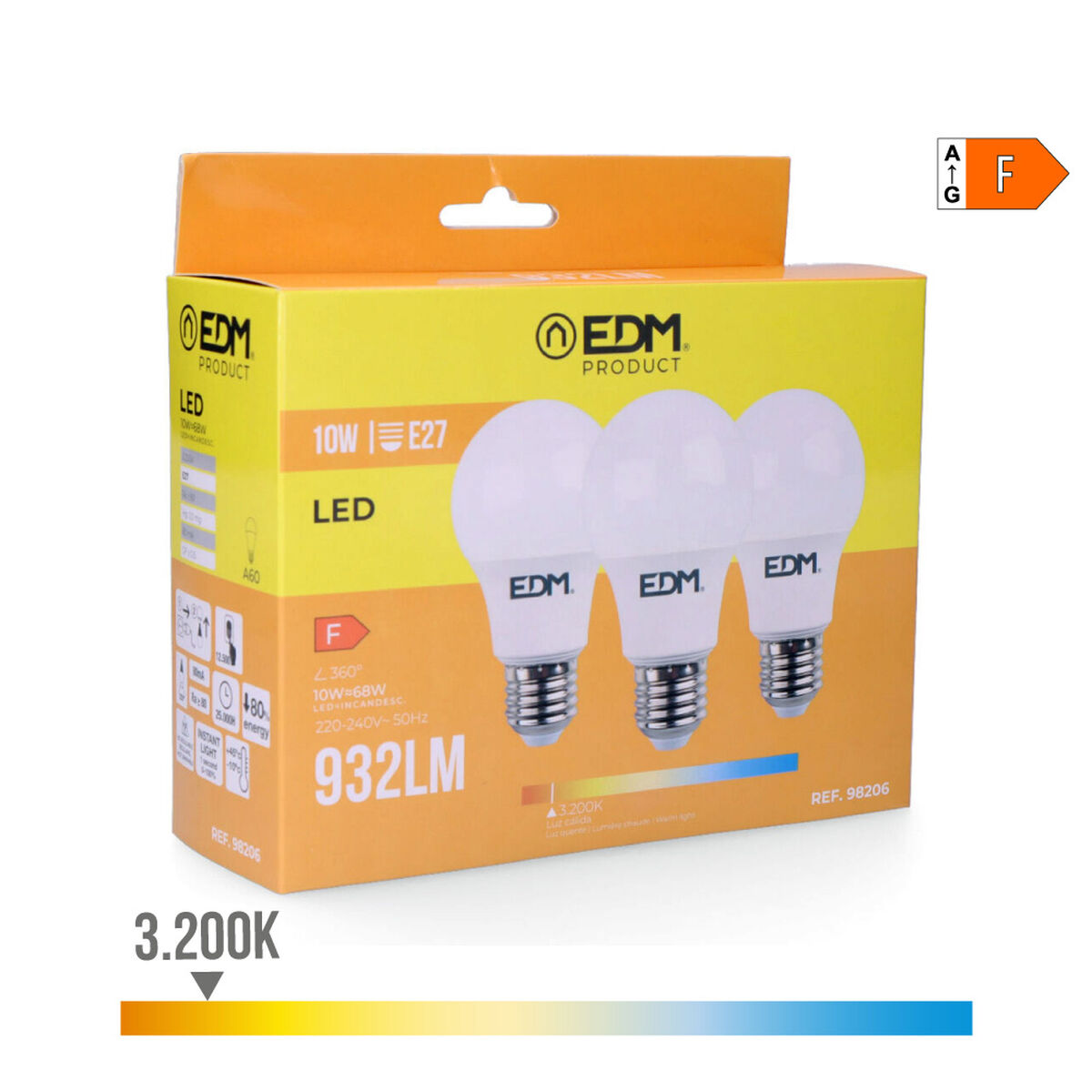 Förpackning med 3 LED-lampor EDM 98206 F 60 W 10 W 68 W E27 810 Lm 932 Lm Ø 6 x 10,8 cm (3200 K) - 3