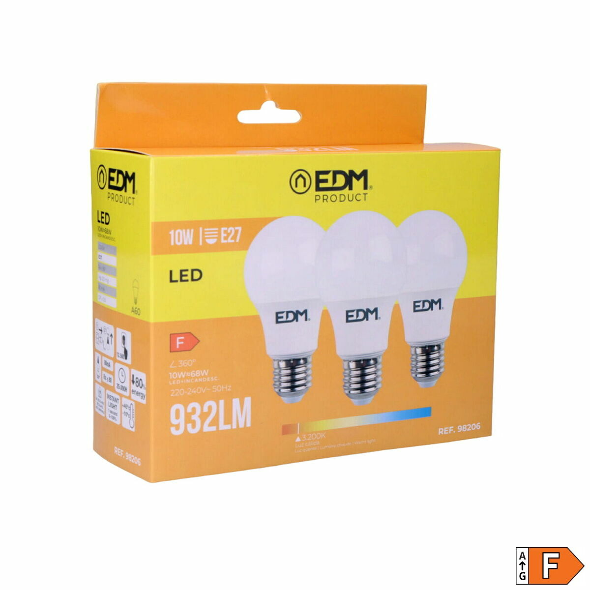 Förpackning med 3 LED-lampor EDM 98206 F 60 W 10 W 68 W E27 810 Lm 932 Lm Ø 6 x 10,8 cm (3200 K) - 2