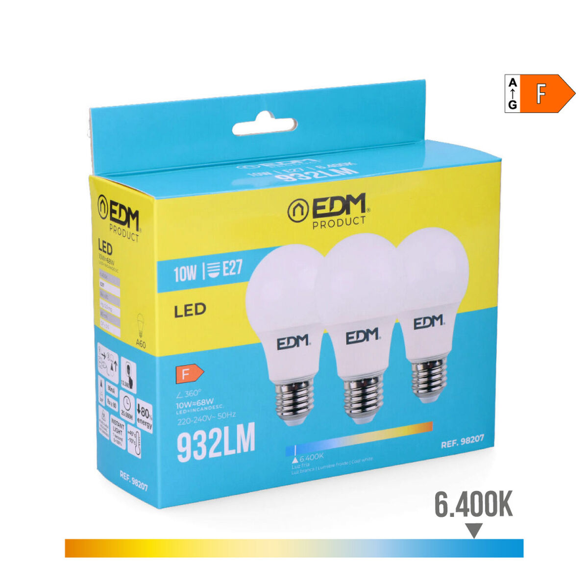 Förpackning med 3 LED-lampor EDM 98207 F 60 W 10 W 68 W E27 810 Lm 932 Lm Ø 6 x 10,8 cm (6400 K) - 3