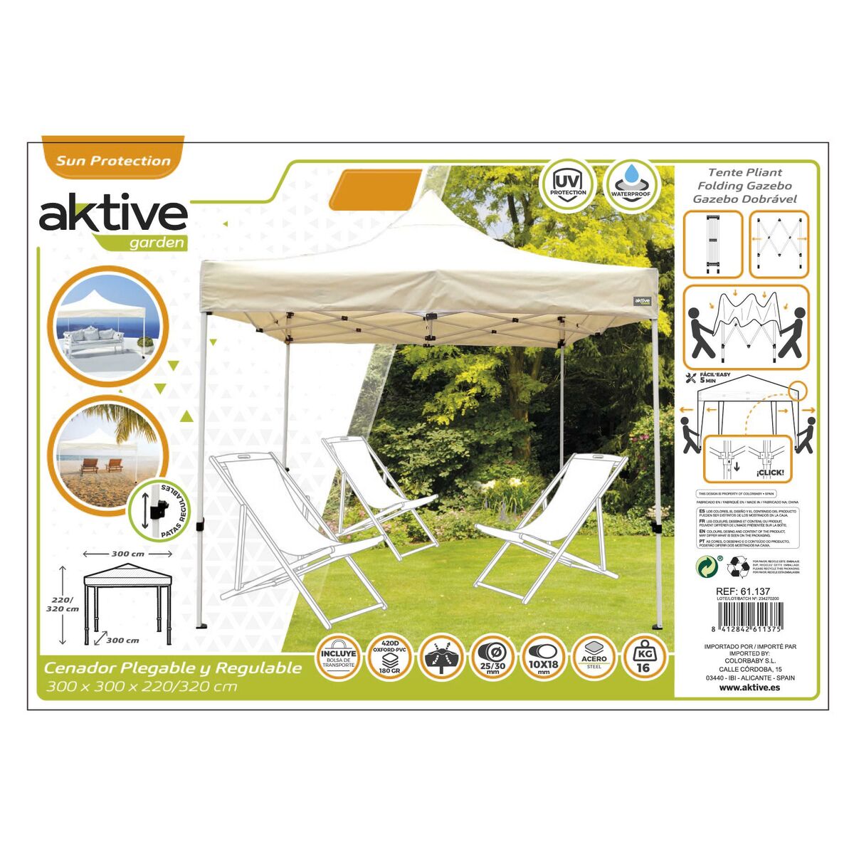 Gazebo Aktive Hopfällbar Justerbar höjd Stål Polyester 420D Oxford Kräm 300 x 320 x 300 cm - 8