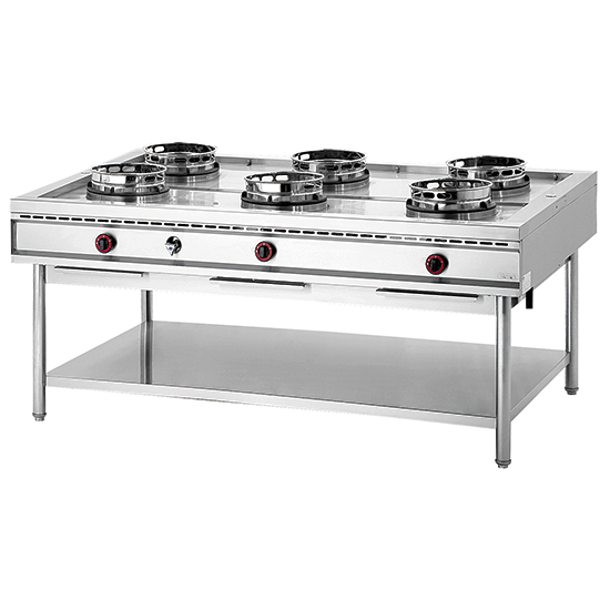 Wok Kökplattor och wokplattorp, gas, 6 brännare/källaren w/hylla