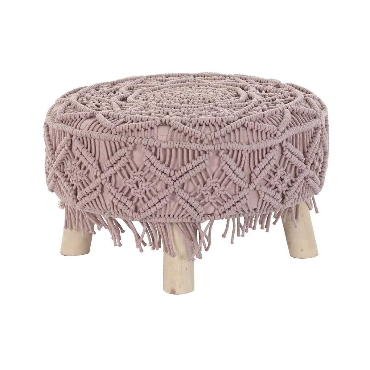 Fotpall DKD Home Decor Naturell Ljusrosa Trä Boho Makramé 53 x 53 x 31 cm - 4
