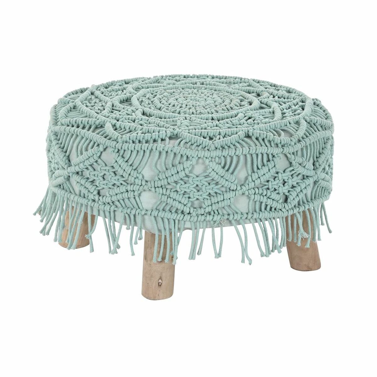 Fotpall DKD Home Decor 53 x 53 x 31 cm Naturell Trä Brun Grön 50 x 50 x 30 cm Makramé Boho - 4