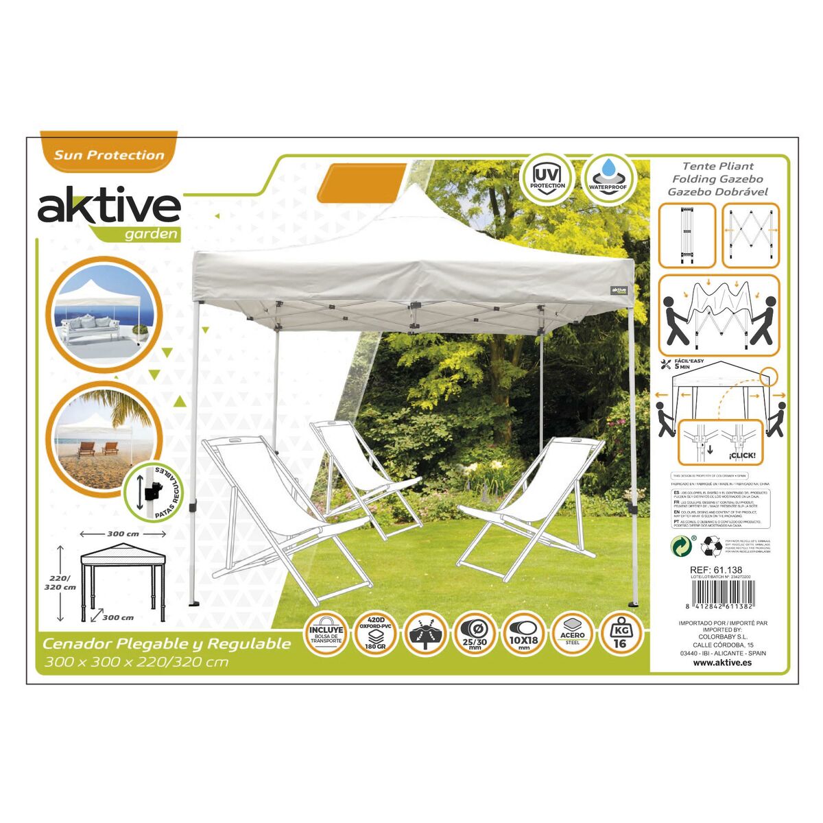 Gazebo Aktive Hopfällbar Justerbar höjd Stål Polyester 420D Oxford Vit 300 x 320 x 300 cm - 9