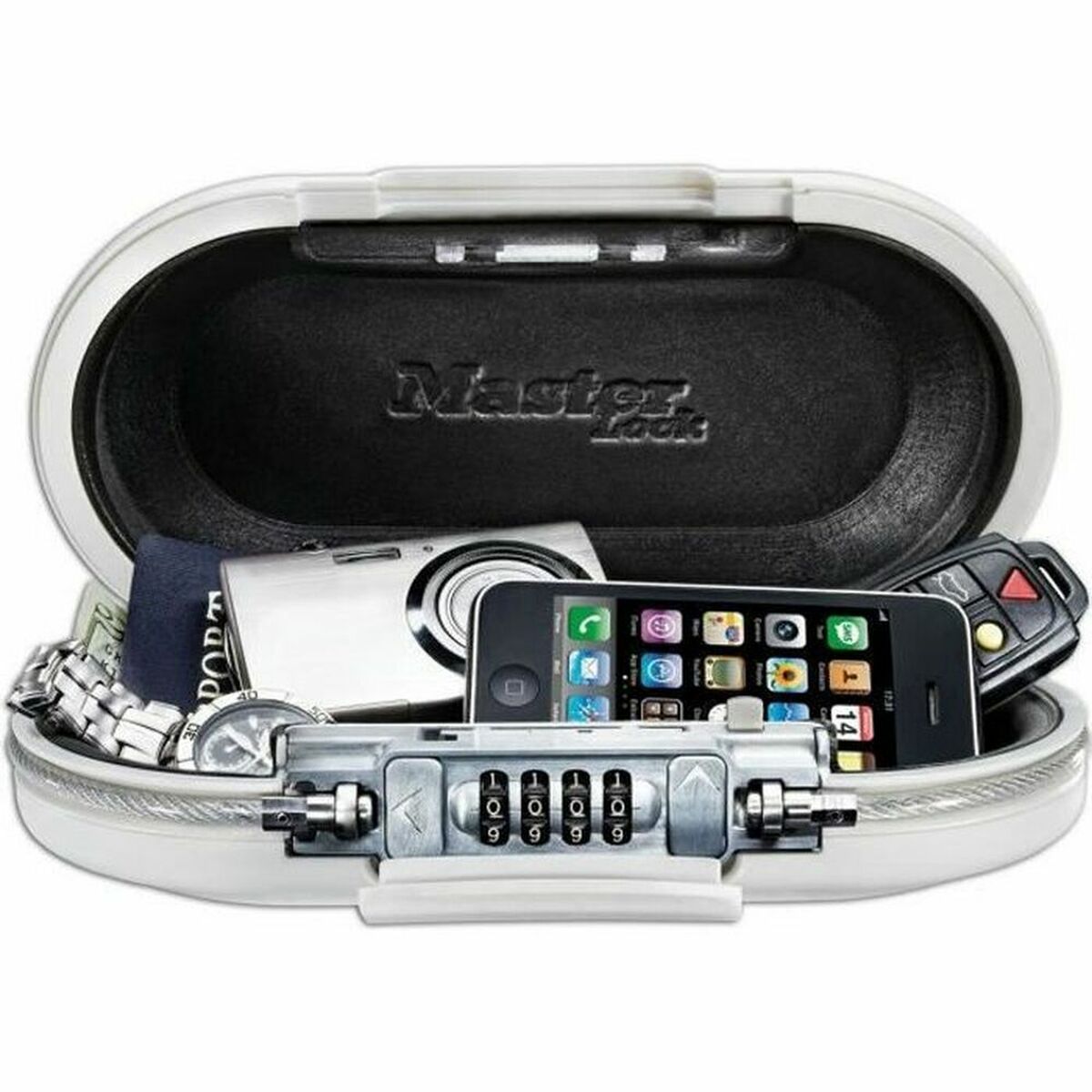 Bärbart kassaskåp med säkerhetskabel Master Lock 5900EURDWHT Vit ABS 700 ml 6 x 12,9 x 24 cm
