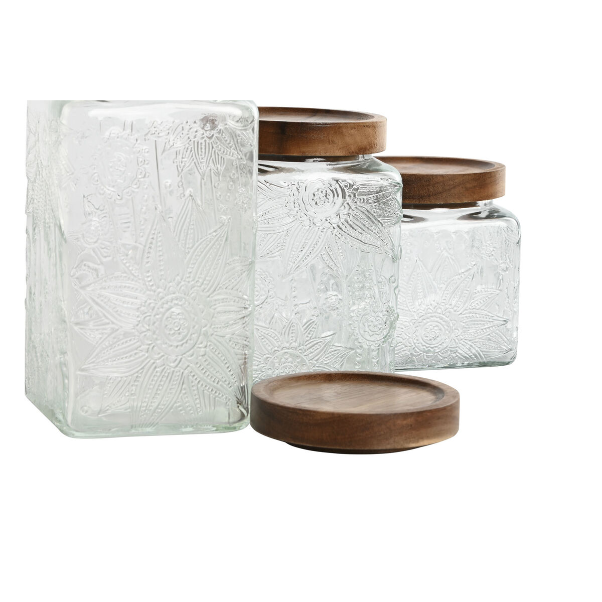 Uppsättning med 3 Burkar Home ESPRIT Naturell Glas Akaciaträ 500 ml 750 ml 1 L 9,5 x 9,5 x 17,5 cm - 4