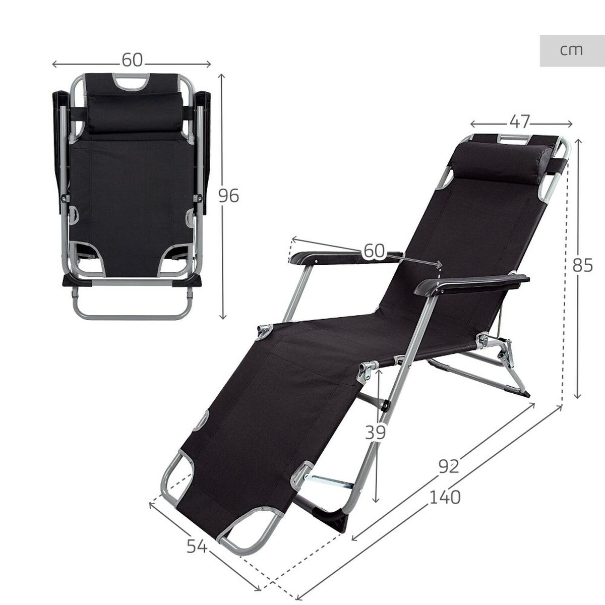 Lutbar vilstol Aktive Svart 177 x 34 x 47 cm - 7