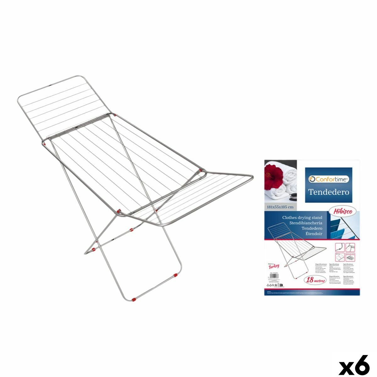 Klädhängare hopfällbar 18 m Confortime Hibisco Silvrig Metall 180 x 55 x 109 cm (6 antal)