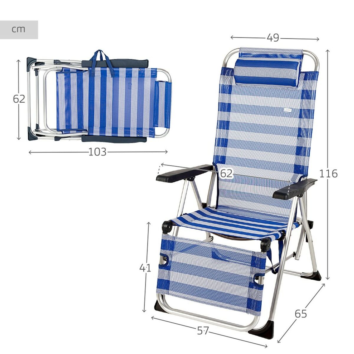 Lutbar vilstol Aktive Randig Sjöman 149 x 78 x 49 cm - 6