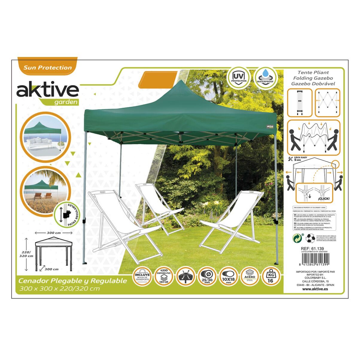 Gazebo Aktive Hopfällbar Justerbar höjd Stål Polyester 420D Oxford Grön 300 x 320 x 300 cm - 9