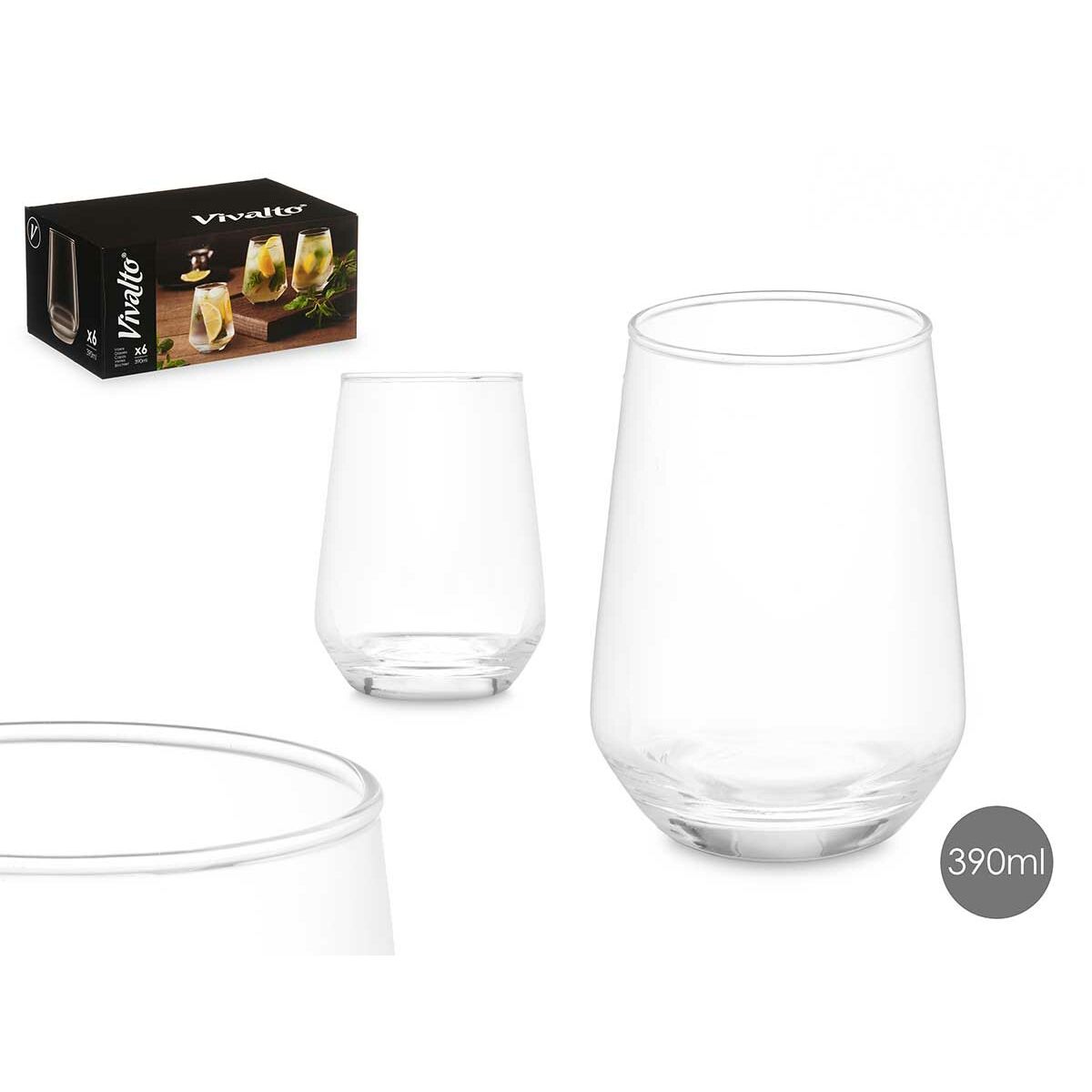 Glas för vatten Vivalto 67018-1/BHZ6 Transparent Glas 390 ml (6 antal) - 3