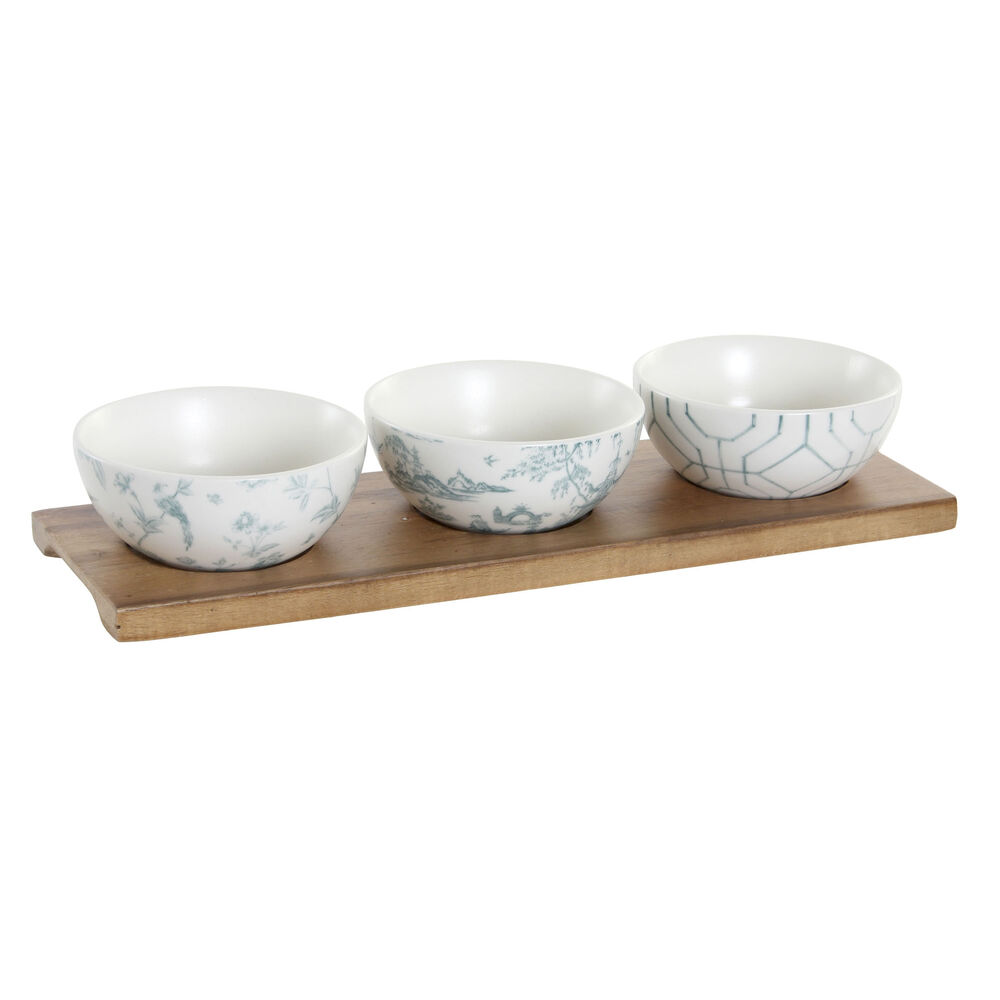 Tilltuggsset DKD Home Decor Vit Marinblå Porslin Akaciaträ Plast Orientalisk 4 Delar 30 x 9,5 x 1,3 cm
