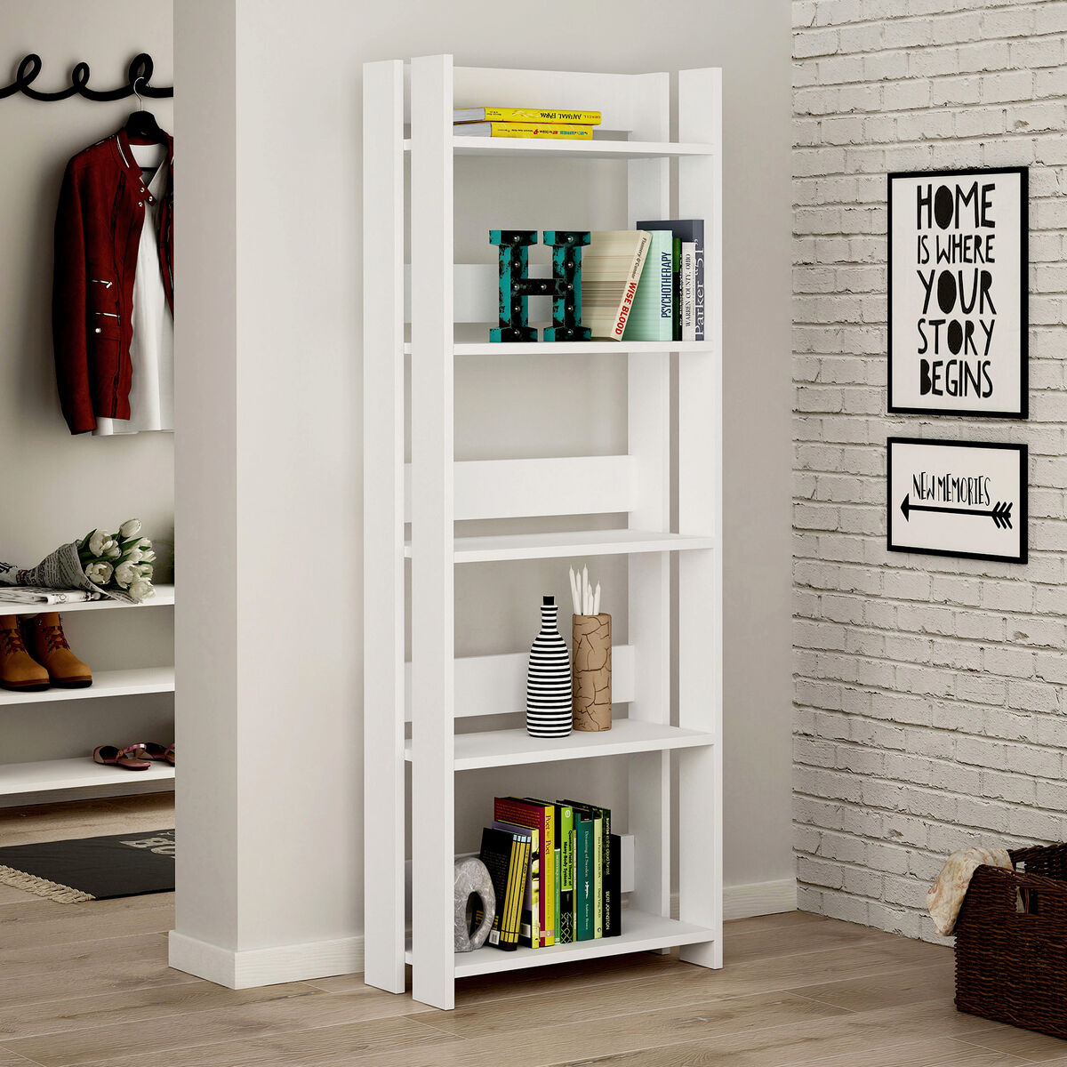 Bokhandel Alexandra House Living Vit Trä MDP 57 x 155 x 25 cm 5 Hyllor - 2