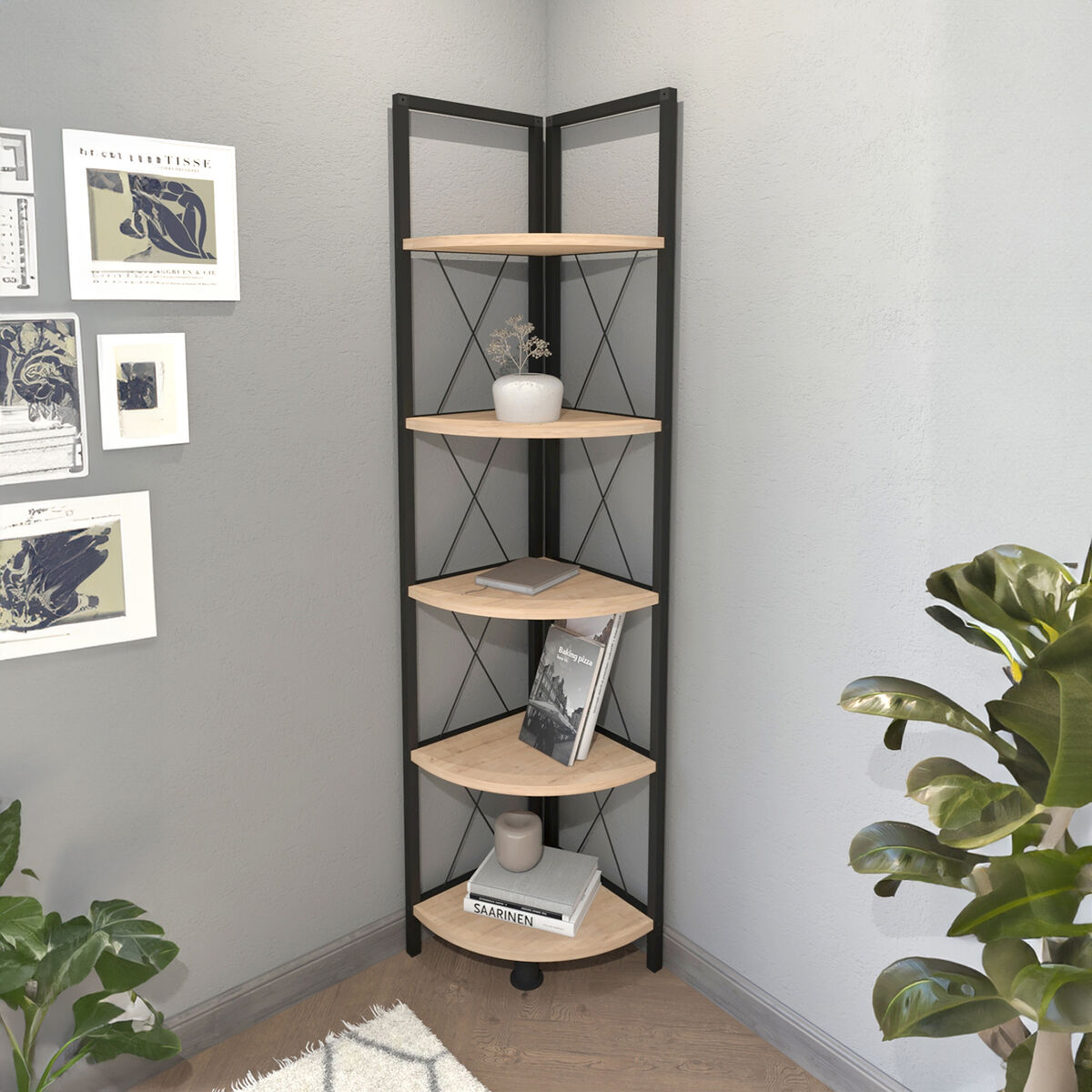 Vinkelhylla Alexandra House Living Svart Tölgy Metall Trä MDP 67 x 159 x 33 cm 4 Hyllor industriell - 3
