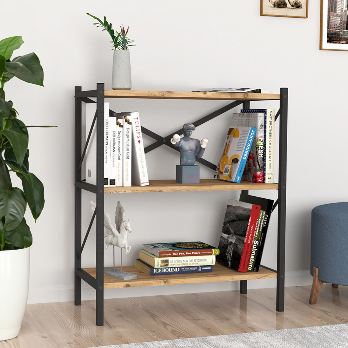 Bokhandel Alexandra House Living Svart Tölgy Metall Trä MDP 66 x 85 x 34 cm industriell 3 Hyllor - 3