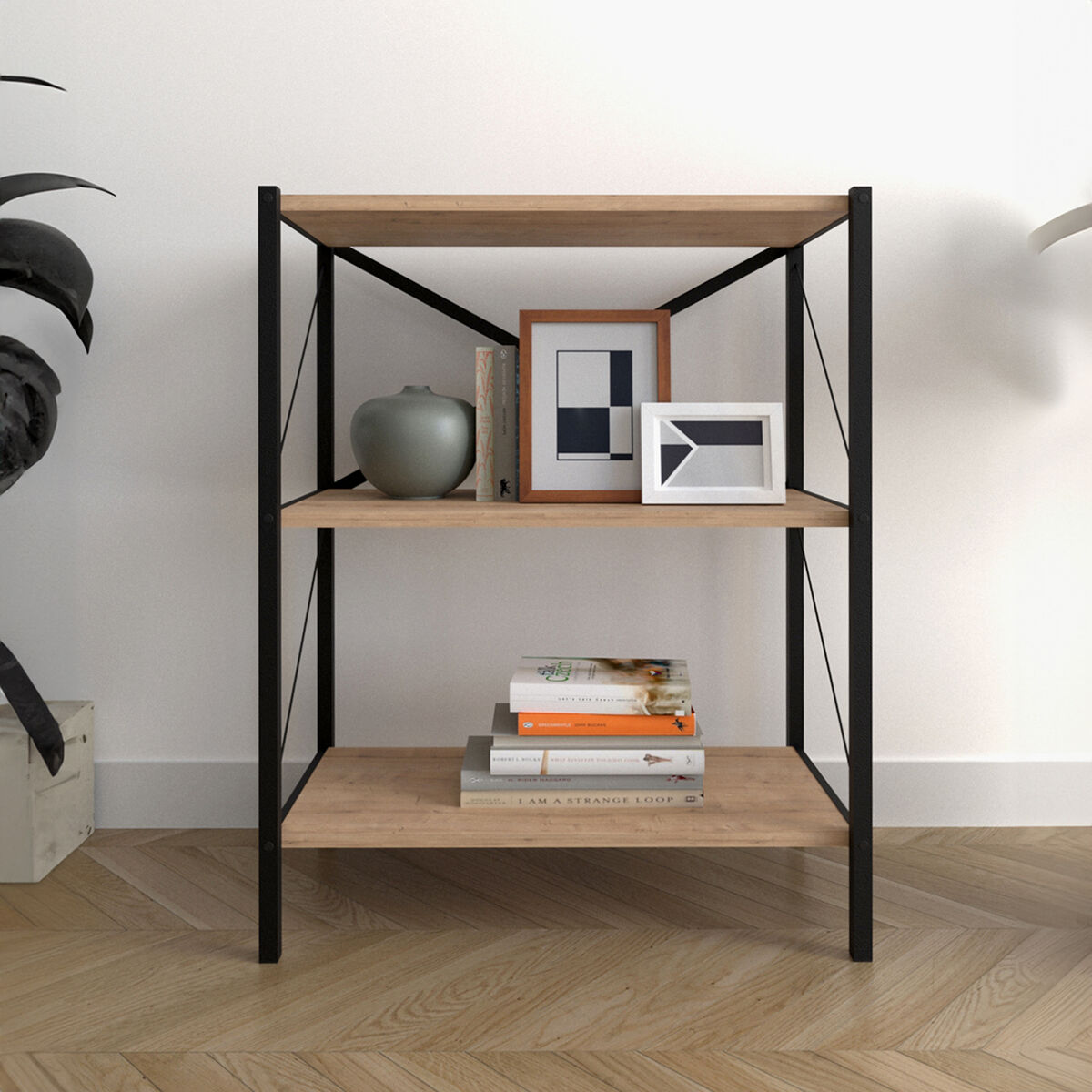 Bokhandel Alexandra House Living Svart Tölgy Metall Trä MDP 66 x 85 x 34 cm industriell 3 Hyllor - 4