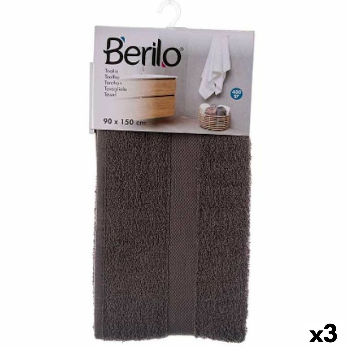 Badhandduk Berilo 89671 Grå 80 % bomull 20 % Polyester 90 x 150 cm 90 x 0,5 x 150 cm (3 antal) - 3