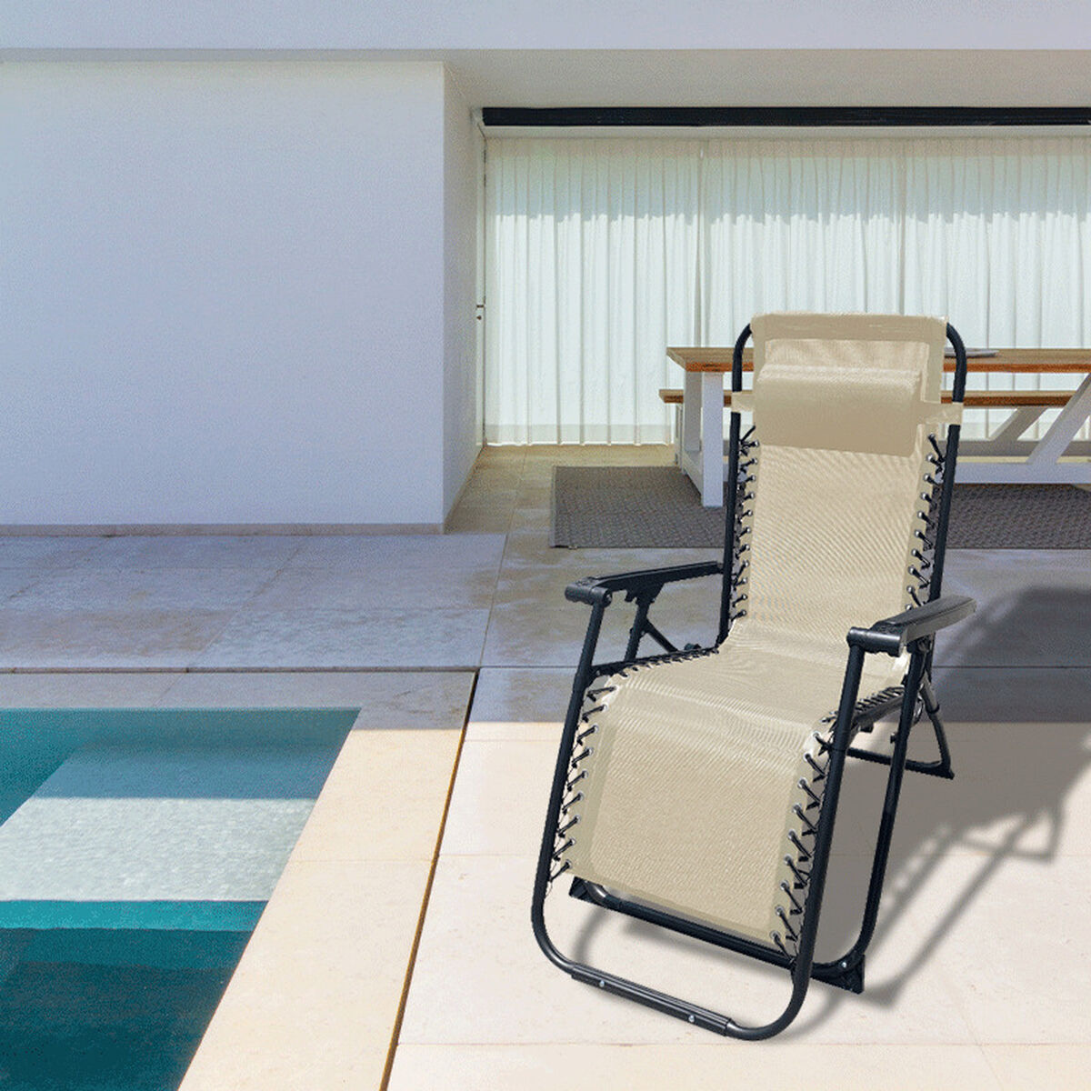 Marbueno Fällbar Solstol Stål Med Kudde Trädgård och Pool 90X66X108 cm Noll Gravitation Beige 10005 - 3