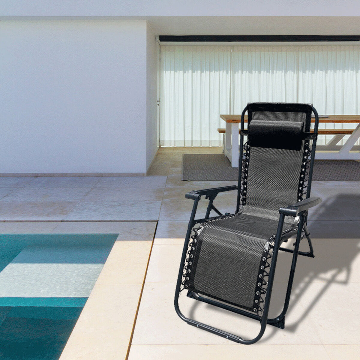 Marbueno hopfällbar solstol i stål med kudde för trädgård och pool 90X66X108 cm Gravitation Noll Svart 10006 - 3
