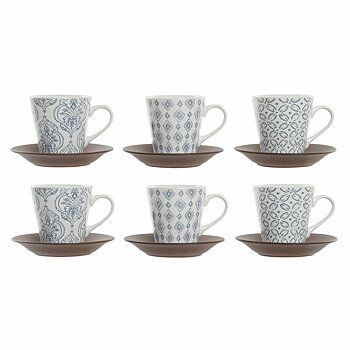 Set med kaffekoppar DKD Home Decor Blå Vit Brun Gummiträ Stengods 150 ml