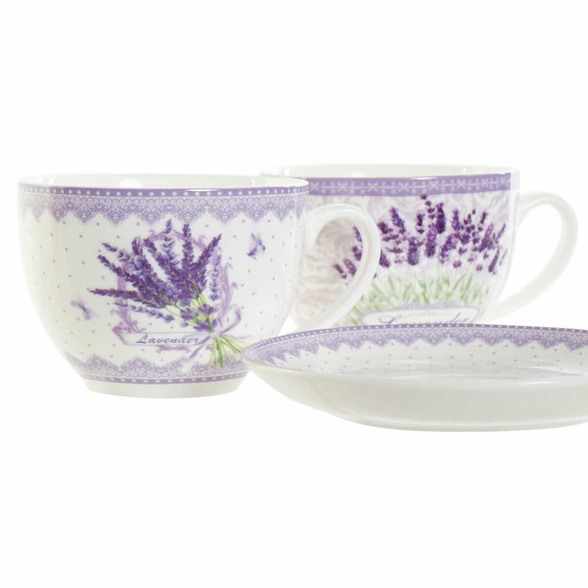 Kopp med assiett DKD Home Decor Vit Grön Lila Porslin 220 ml (2 antal) - 2