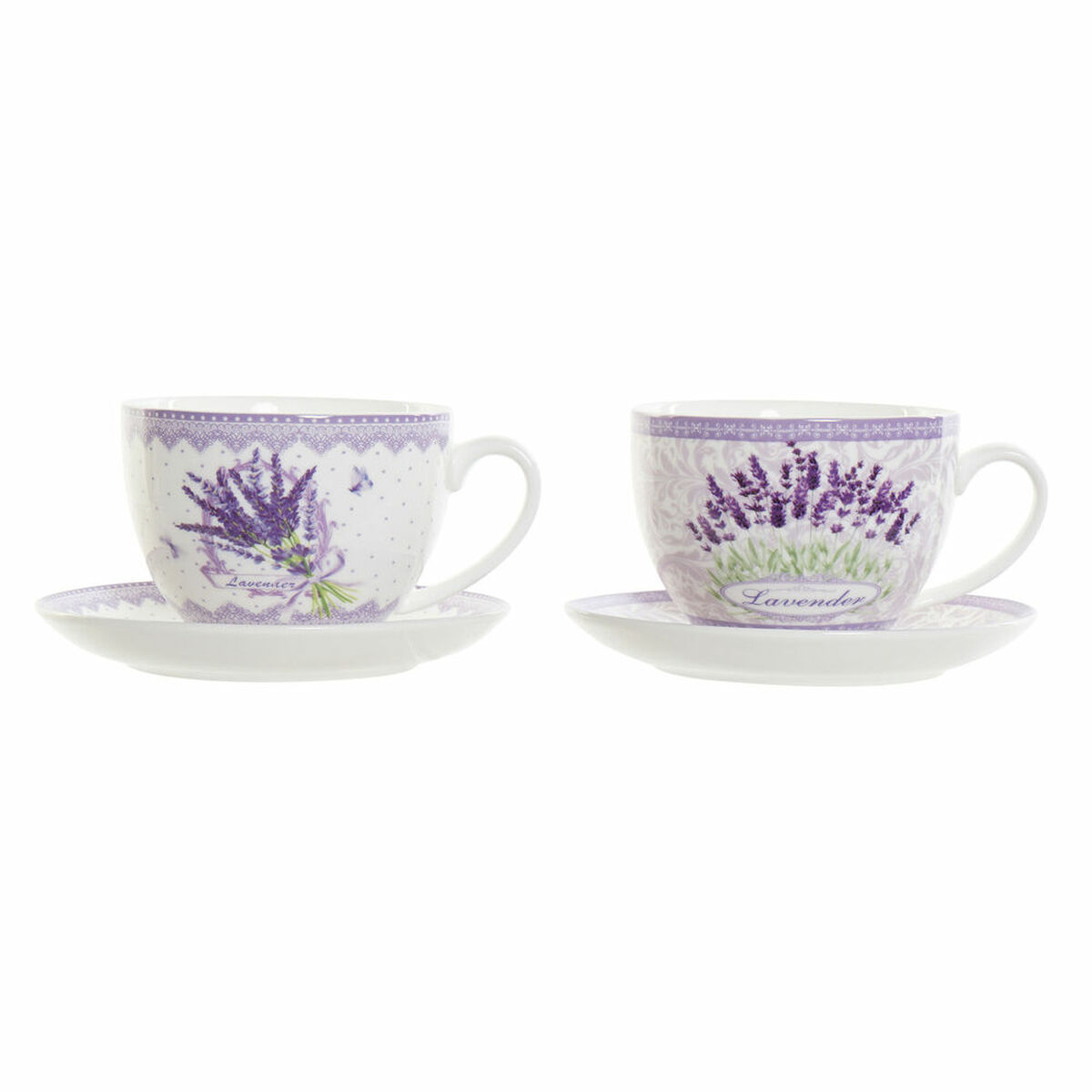Kopp med assiett DKD Home Decor Vit Grön Lila Porslin 220 ml (2 antal)