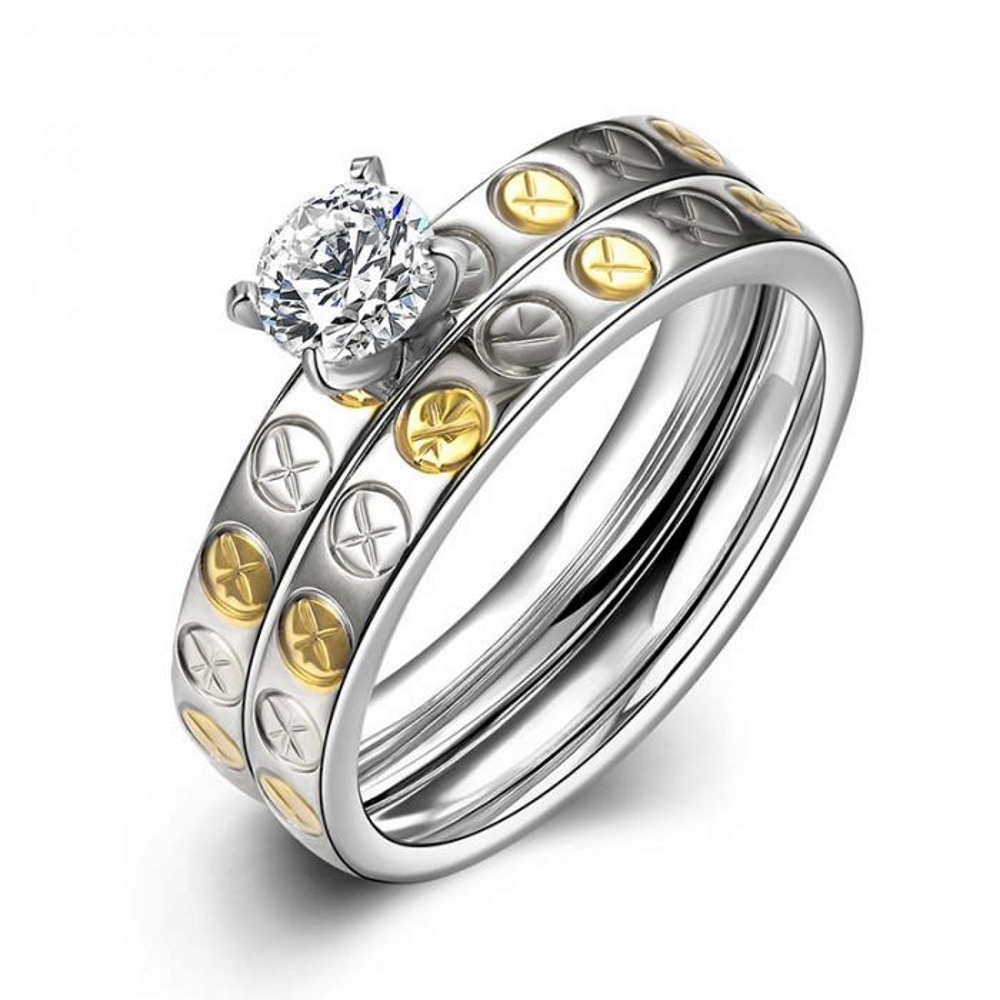 Rostfritt stål ring Förlovningring 2 st / set CZ - 2