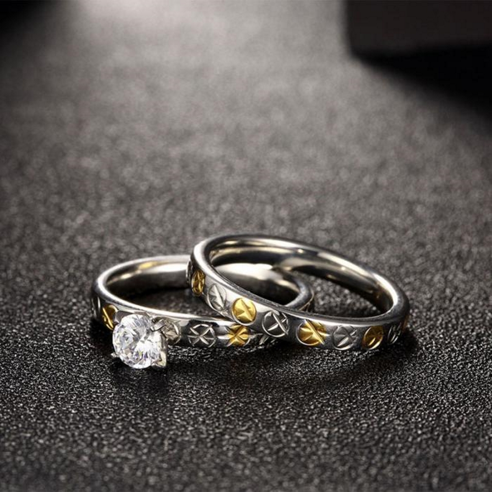 Rostfritt stål ring Förlovningring 2 st / set CZ - 4