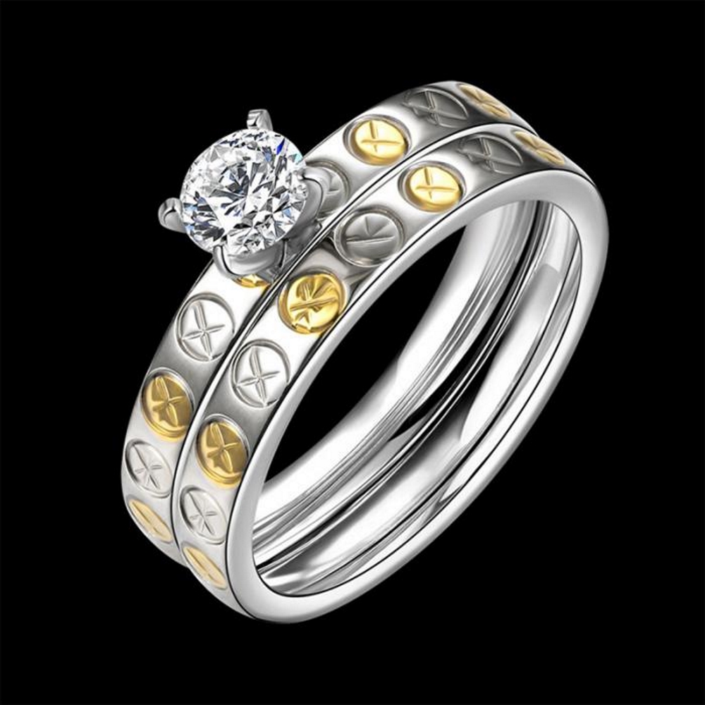 Rostfritt stål ring Förlovningring 2 st / set CZ
