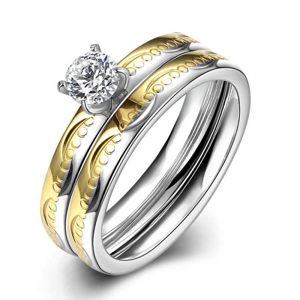 Rostfritt stål ring Förlovningring 2 st / set CZ - 4