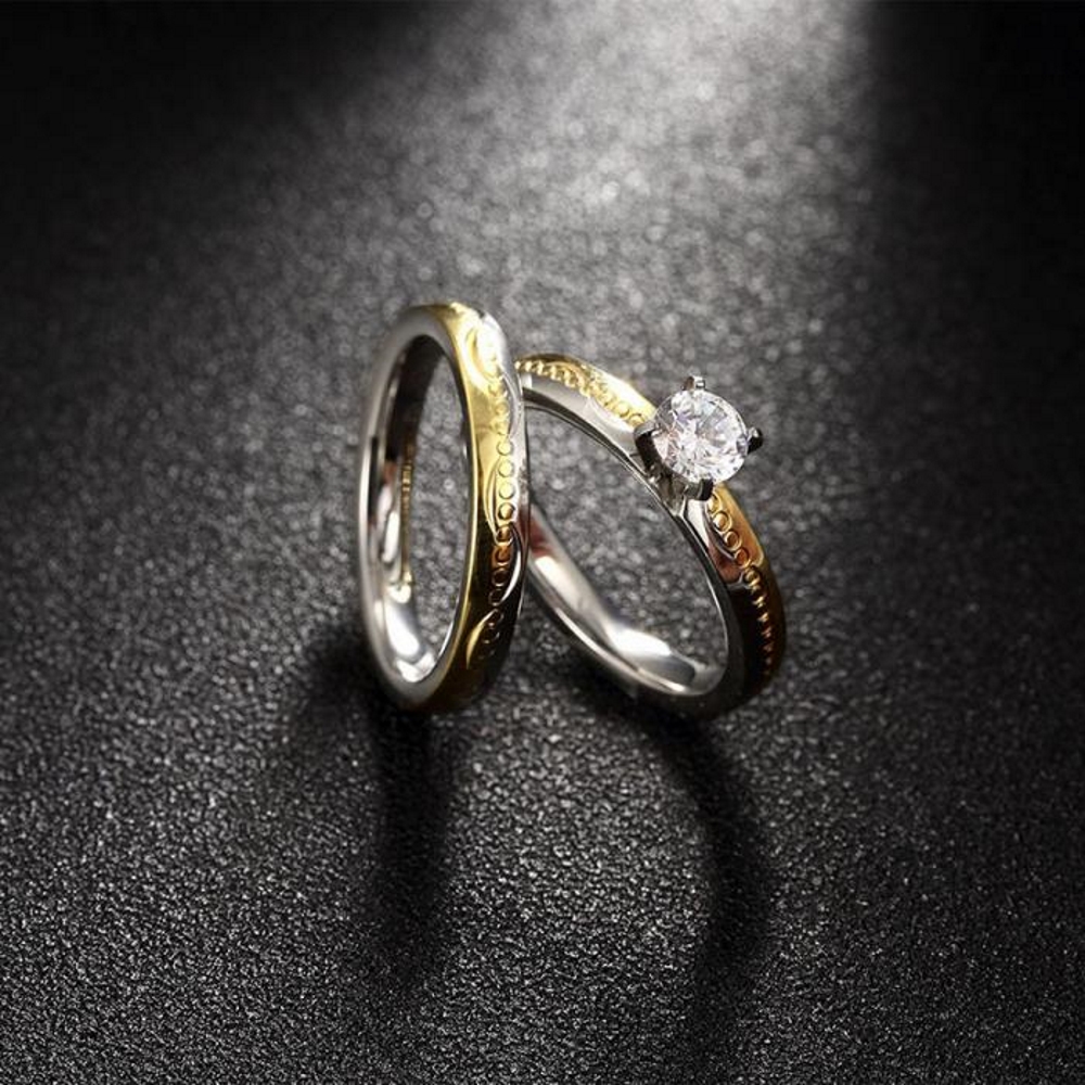 Rostfritt stål ring Förlovningring 2 st / set CZ - 3