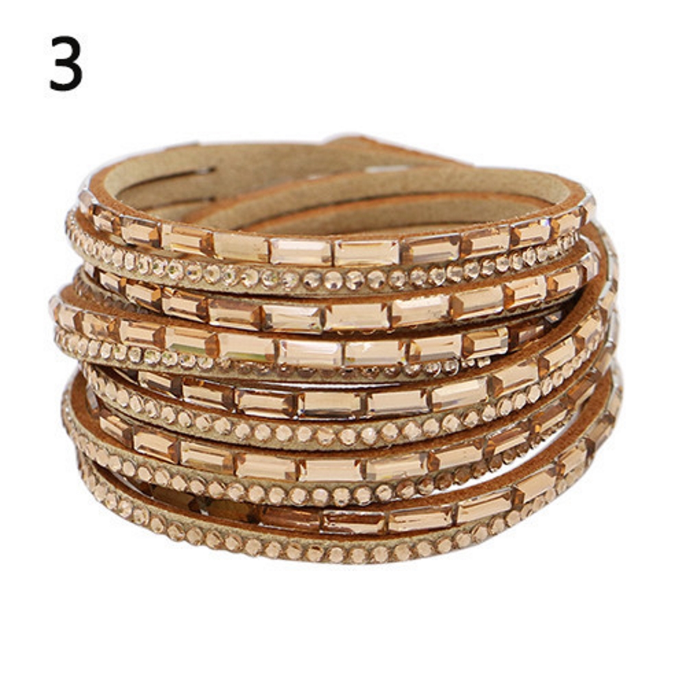 Rhinestone Leather Wrap Wristband Bracelet Bangle - 7