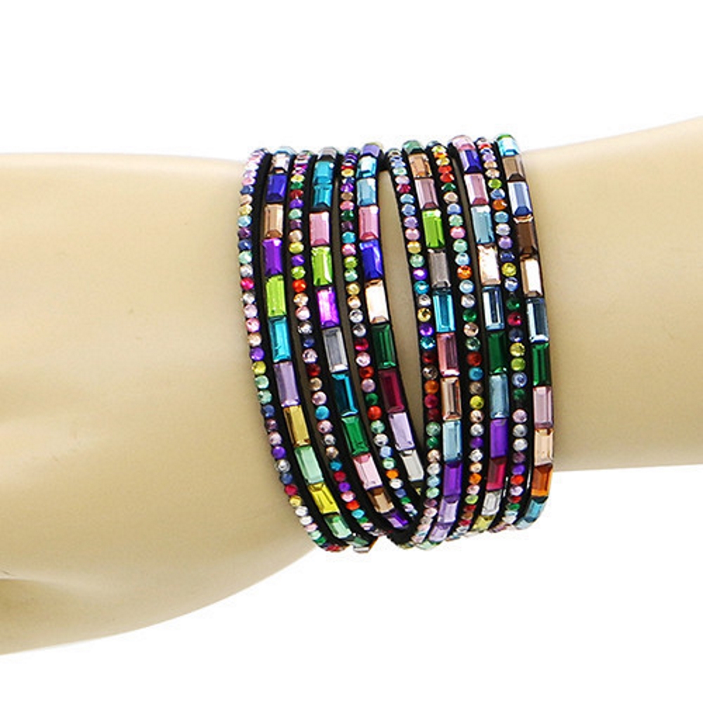 Rhinestone Leather Wrap Wristband Bracelet Bangle - 12