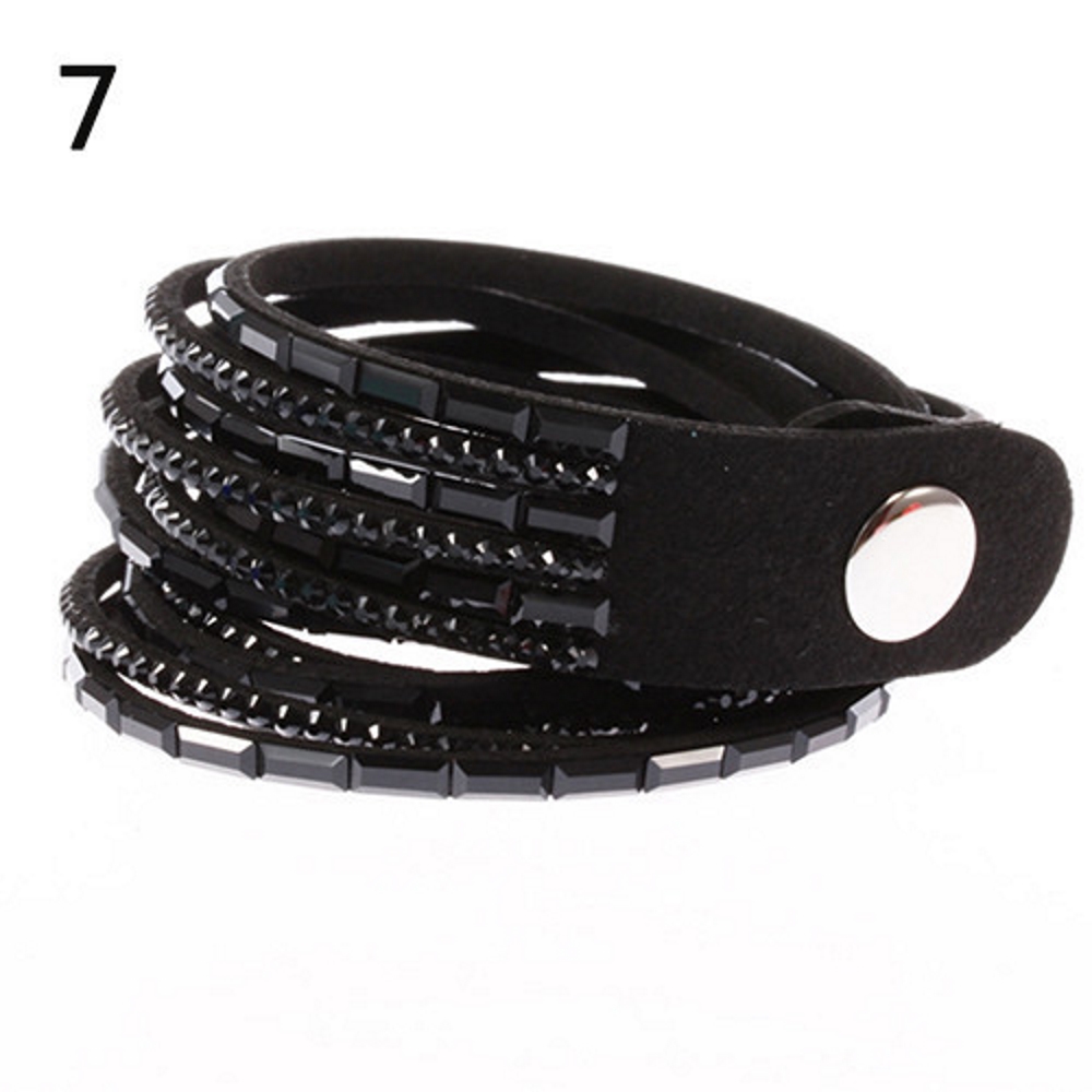 Rhinestone Leather Wrap Wristband Bracelet Bangle - 6