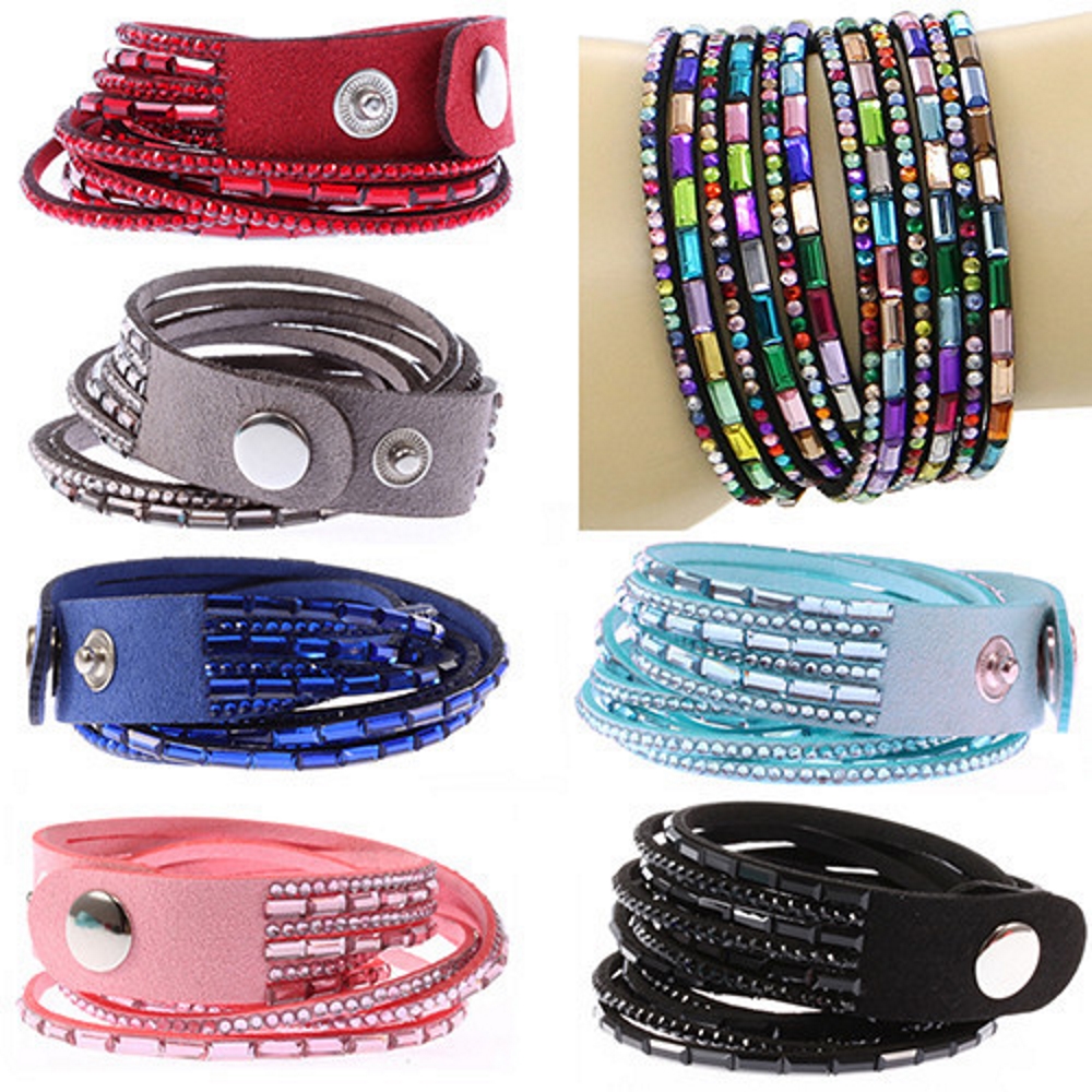 Rhinestone Leather Wrap Wristband Bracelet Bangle