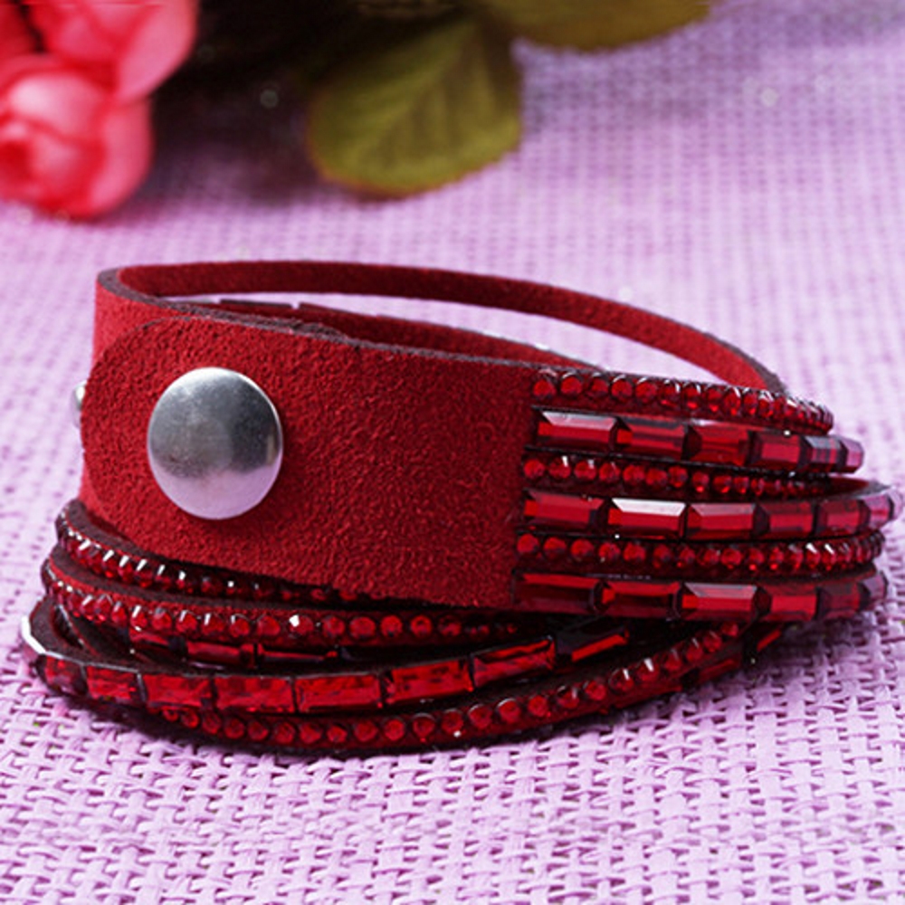 Rhinestone Leather Wrap Wristband Bracelet Bangle - 16