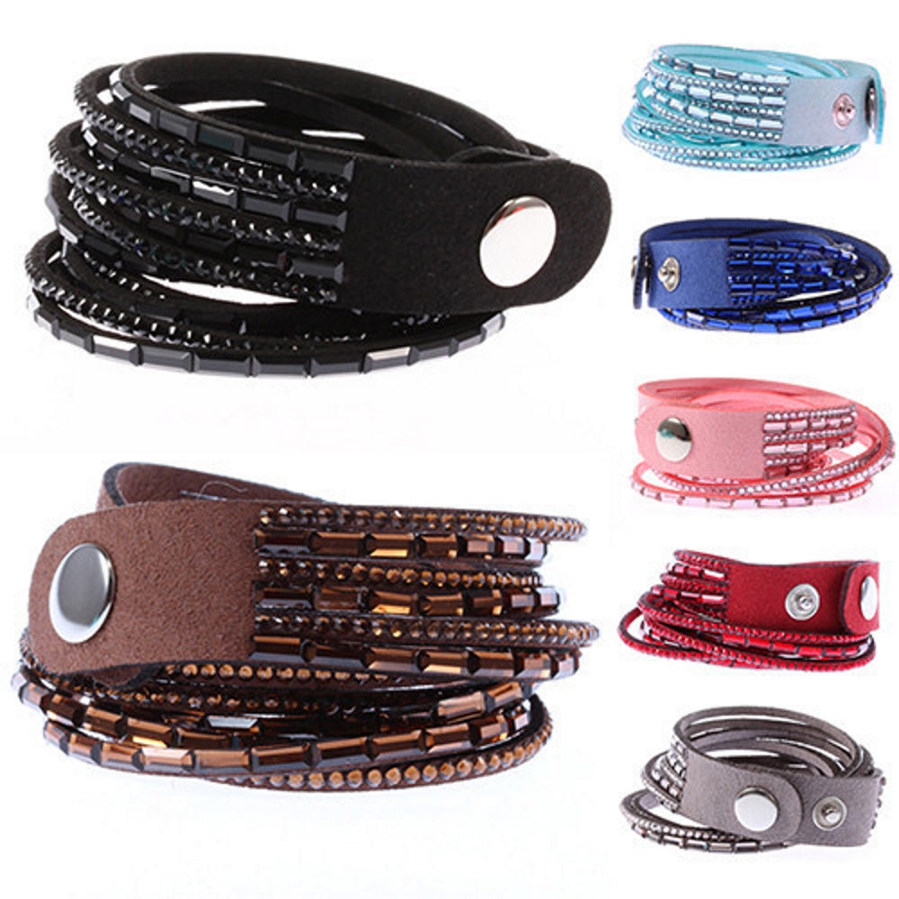 Rhinestone Leather Wrap Wristband Bracelet Bangle - 3