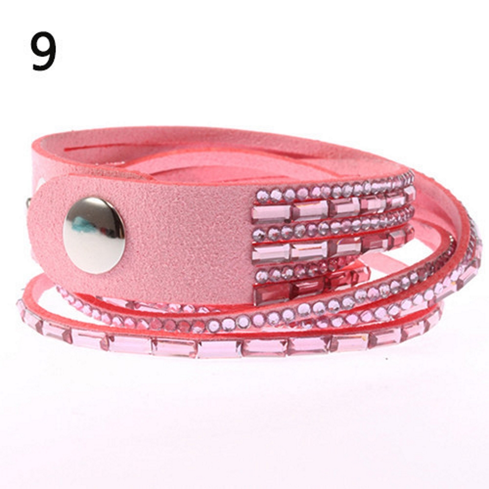 Rhinestone Leather Wrap Wristband Bracelet Bangle - 13