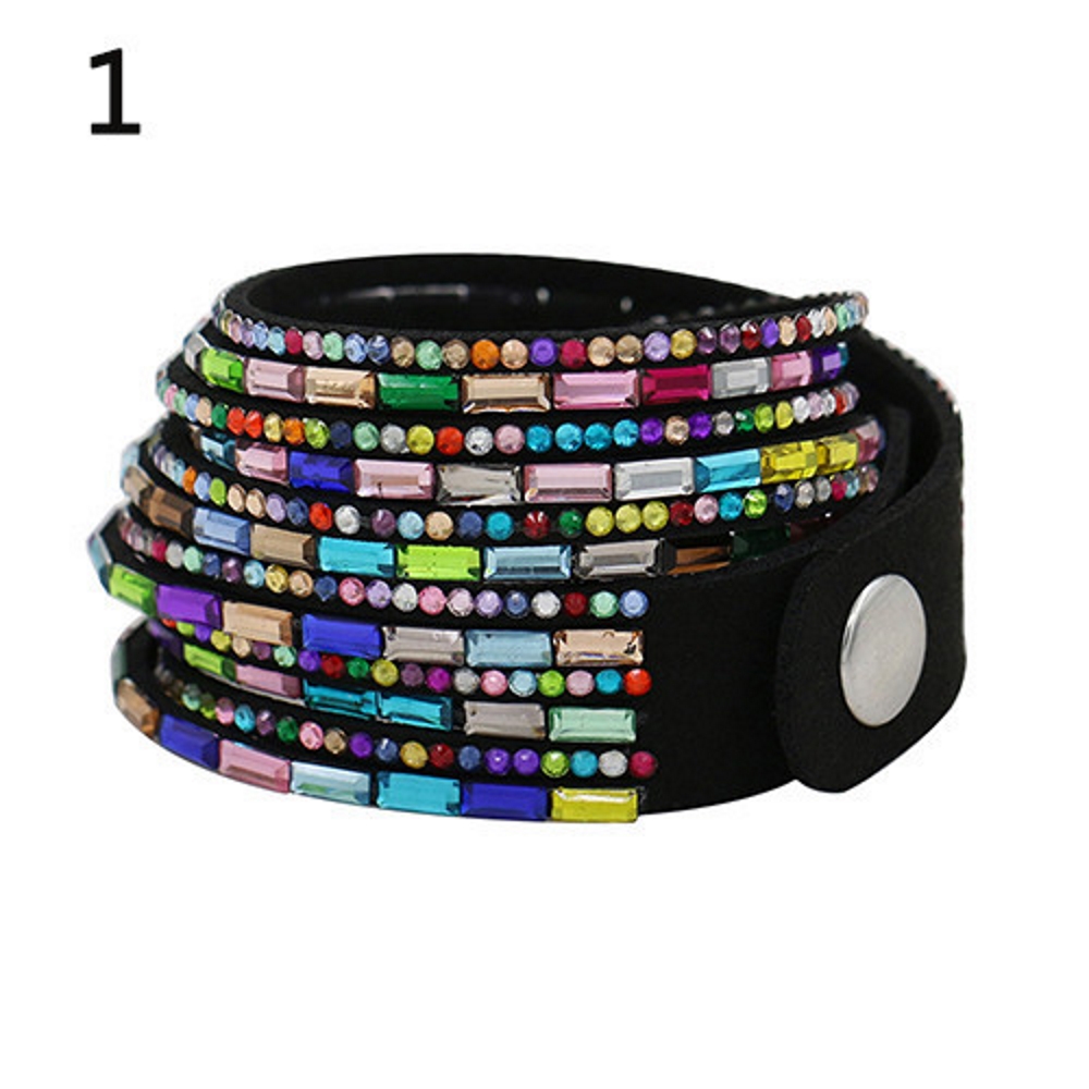 Rhinestone Leather Wrap Wristband Bracelet Bangle - 11