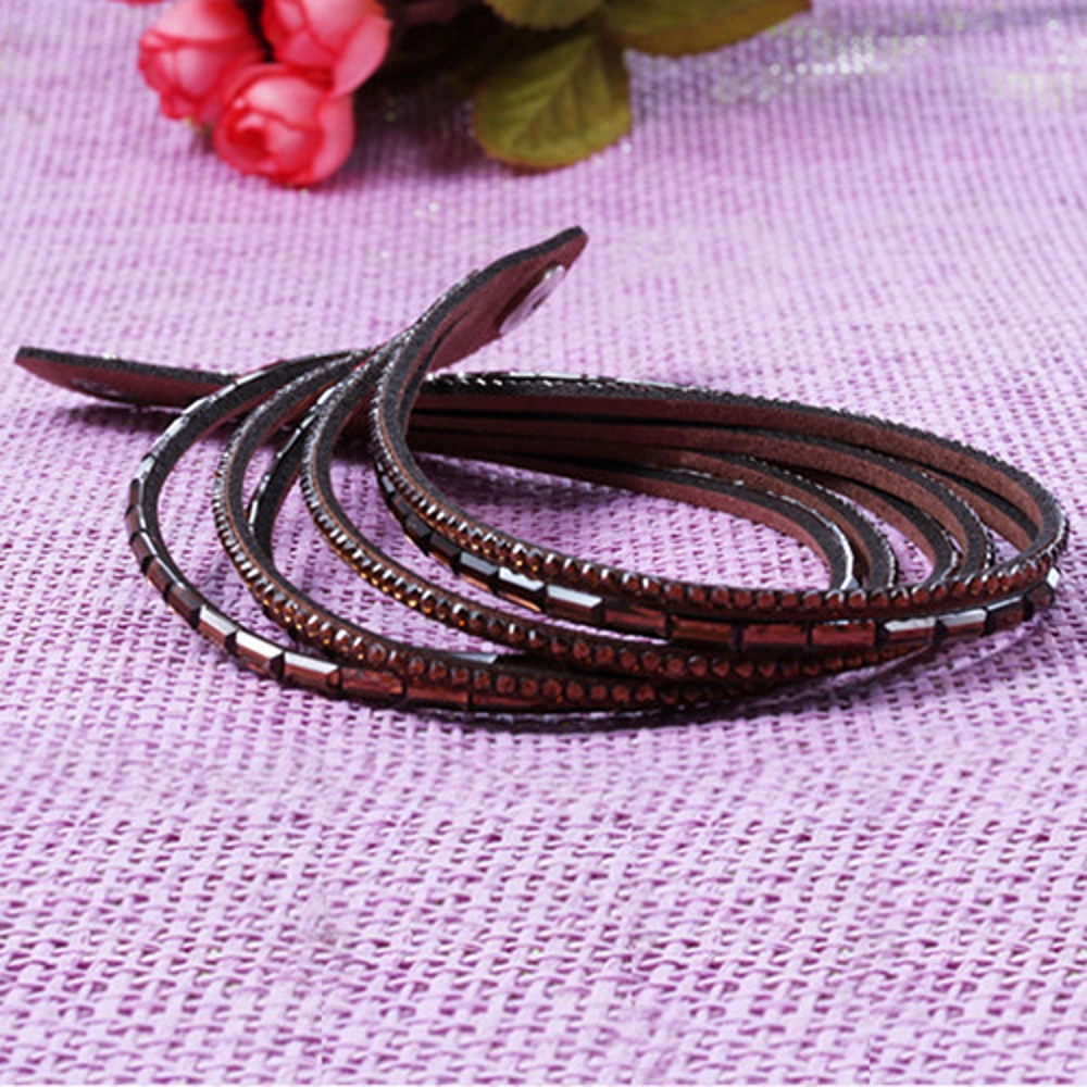 Rhinestone Leather Wrap Wristband Bracelet Bangle - 4