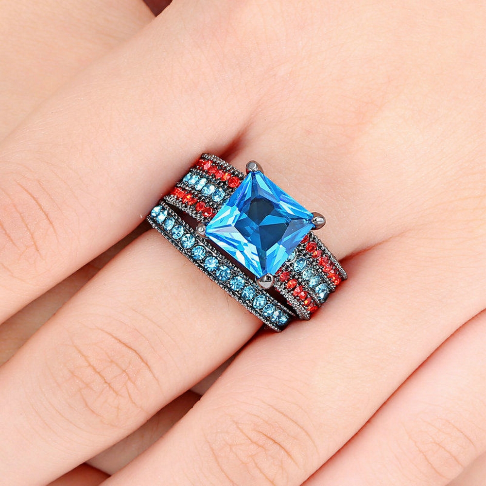 10K BLACK Gold Filled Engagement double ring - 2