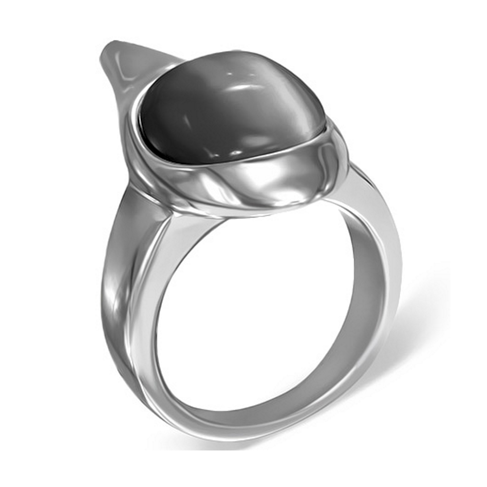 Stainless Steel Bezel-Set Long Spiky Oval cocktail ring w / Cat Eye Stone