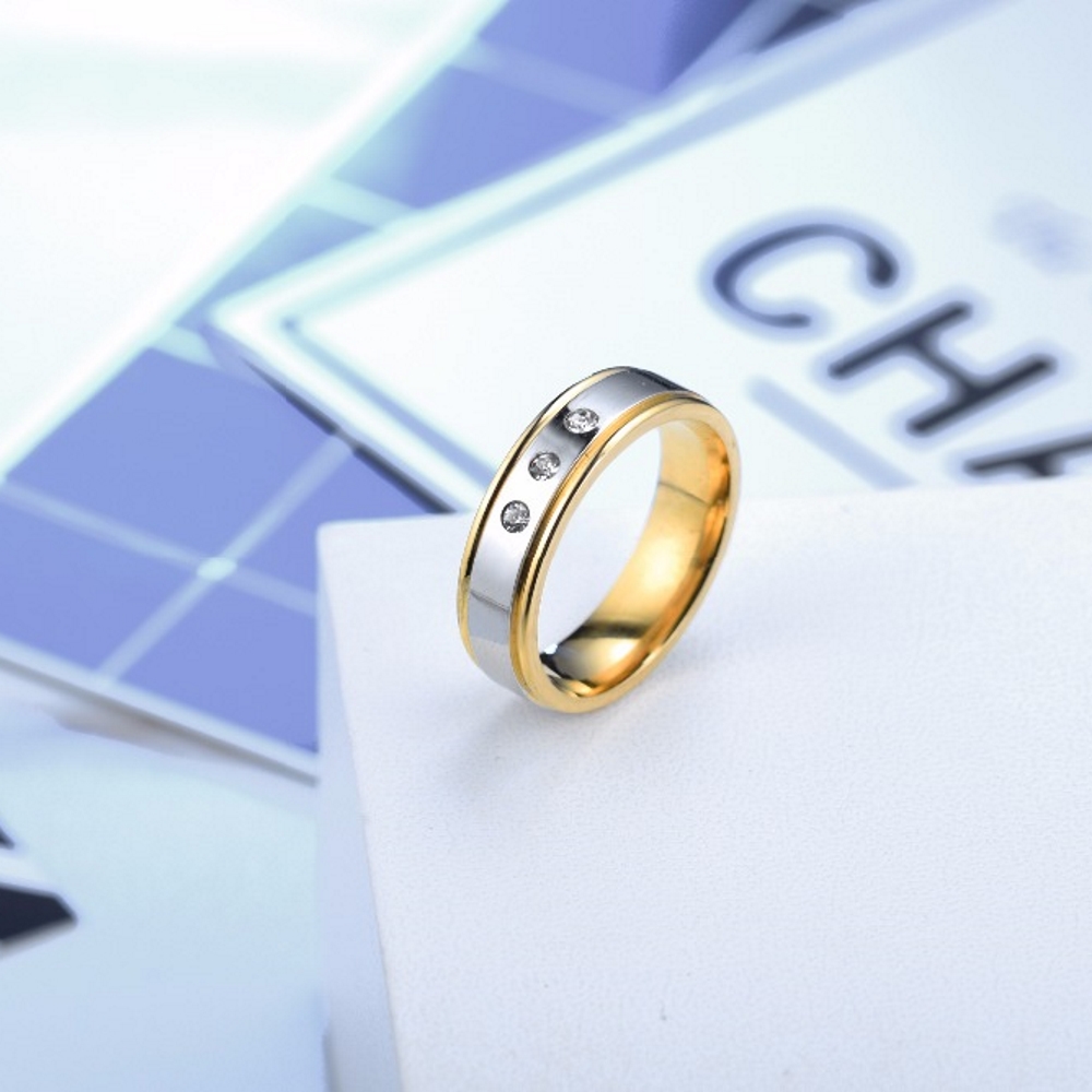 Stainless Steel Ring 14KGP three CZ  6mm - 2