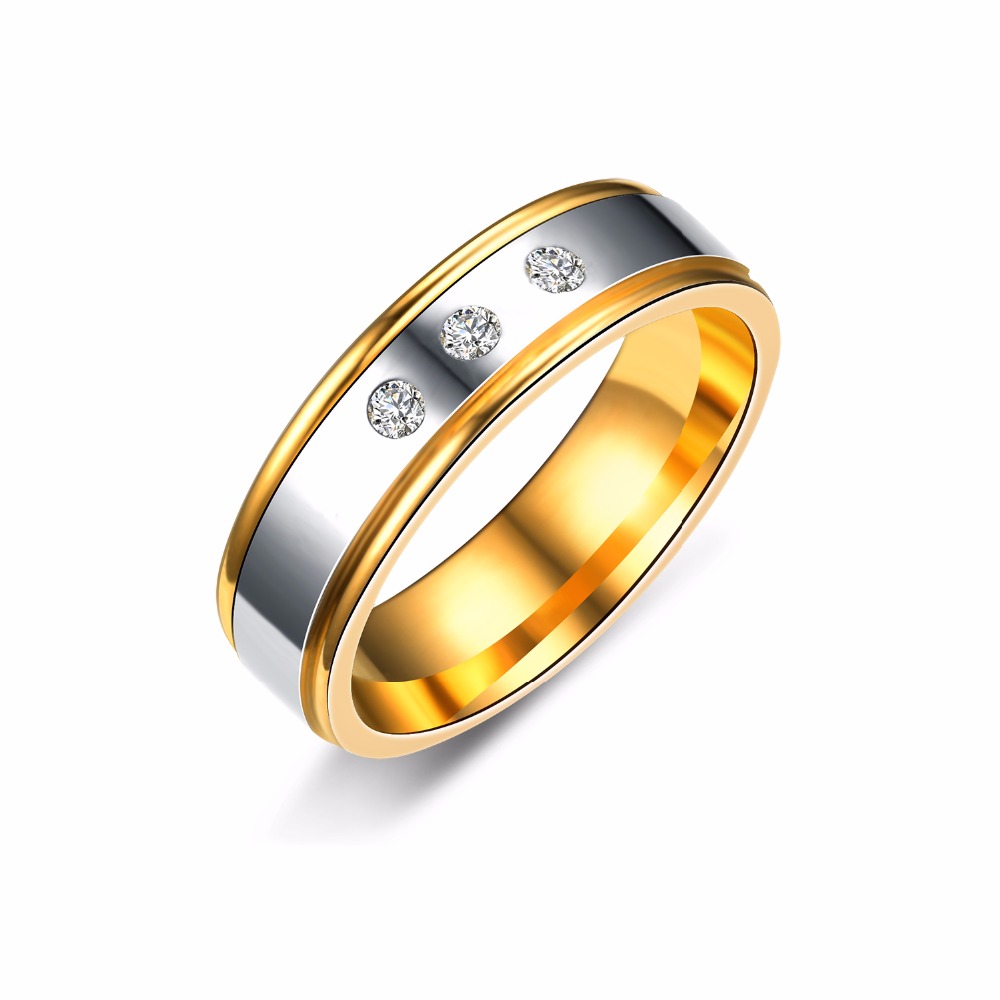 Stainless Steel Ring 14KGP three CZ  6mm