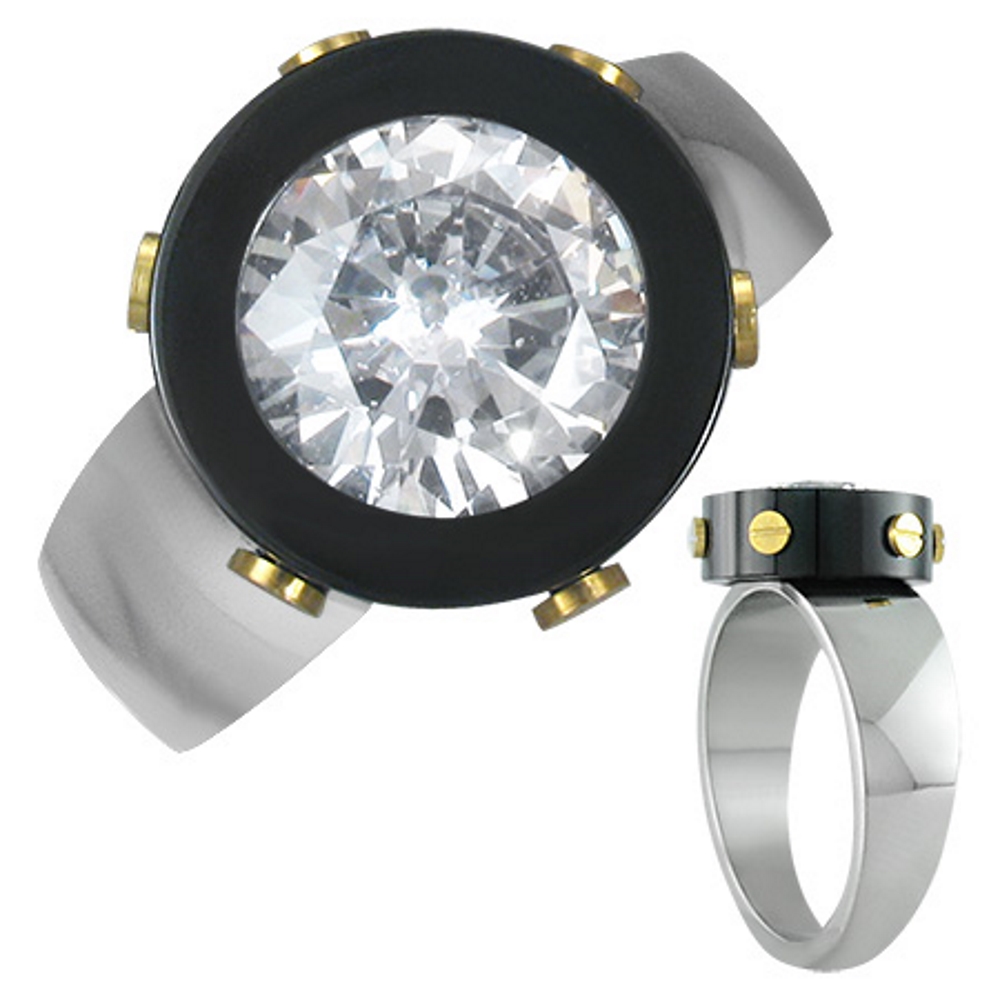 Stainless Steel 3-tone Bezel-Set Watch-Style Geometric Ring w/ CZ
