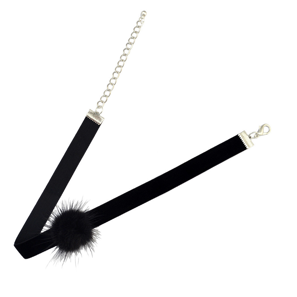 Vintage necklace Velvet Ribbon Pompon Fur Ball