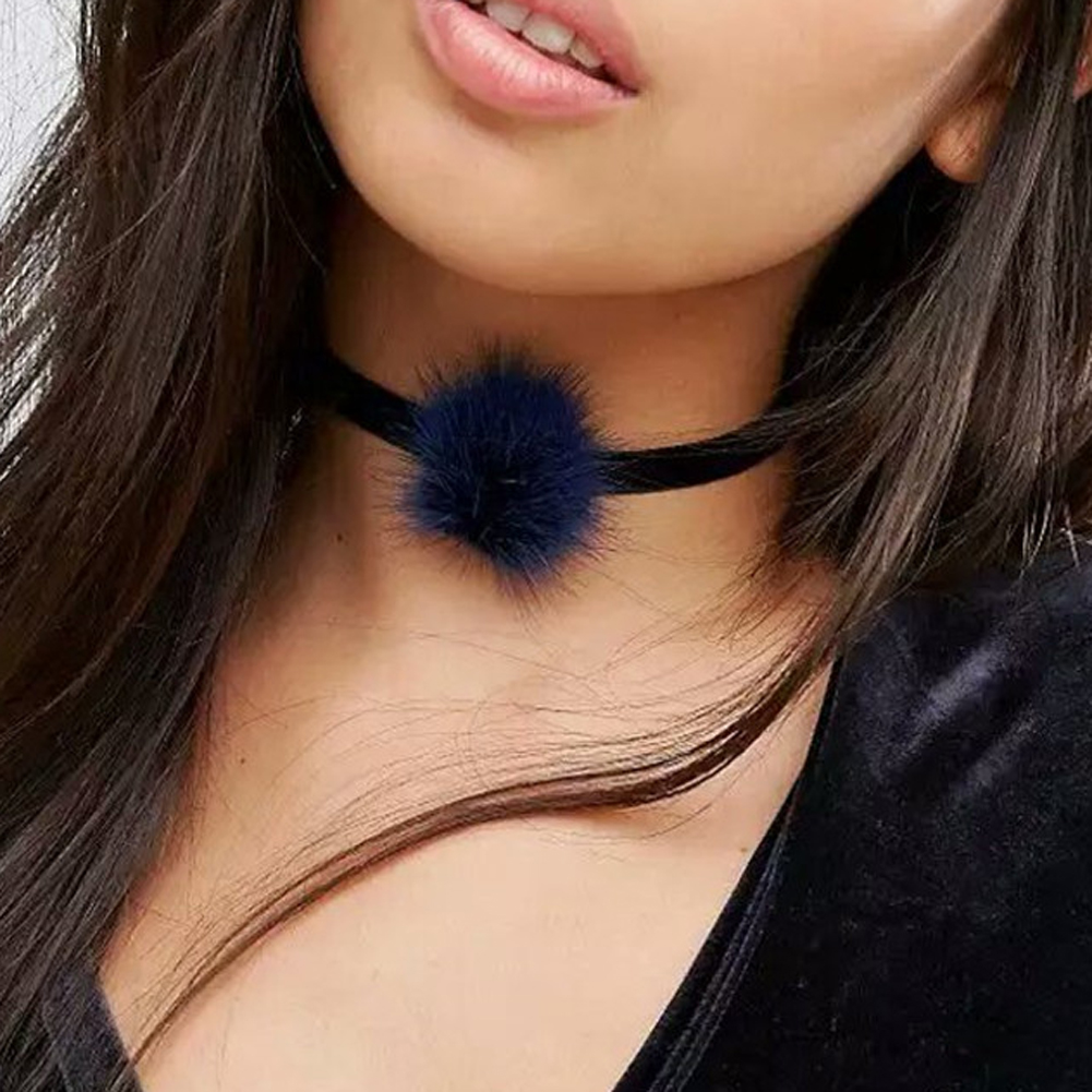 Vintage necklace Velvet Ribbon Pompon Fur Ball - 2