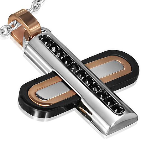 Stainless Steel 3-tone Channel-Set Geometric Cross Pendant w/ Black CZ