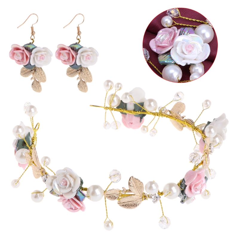 Women Hair Band Bowknot Hairband Wedding  Faux Pearl Crystal  SET