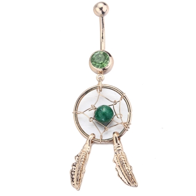 Golden Dream Catcher Feather Rhinestone Piercing Belly Button Navel Ring Barbell - 2